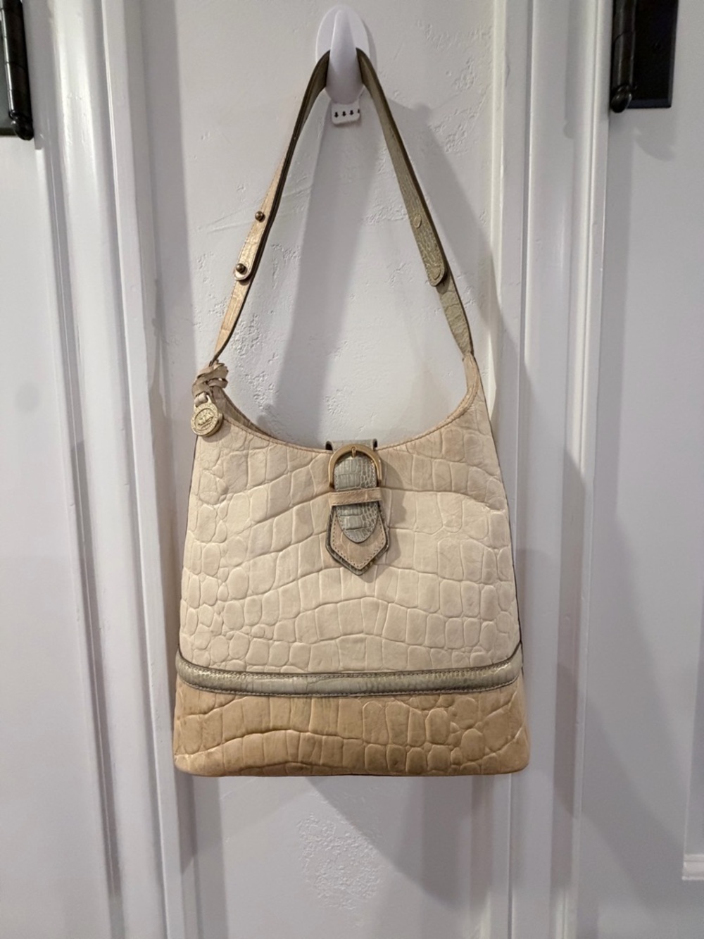 Brahmin Kendall "MADE IN THE USA" Leather Shoulder Bag Croc Cream & Light Blue